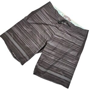 Ron Jon Surf Shop Board Shorts Men's 38 Black Gray Striped 4-Way Stretch‎ Swim